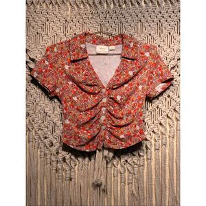 Maeve by Anthropologie Fruit Print Ruched Button-Front Top MP Medium Petite Oran